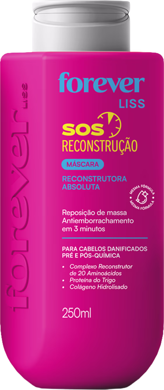 Frasco rosa de 250ml da máscara reconstrutora absoluta da linha SOS Reconstrução da Forever Liss, com informações sobre seus principais ingredientes e benefícios para cabelos danificados.