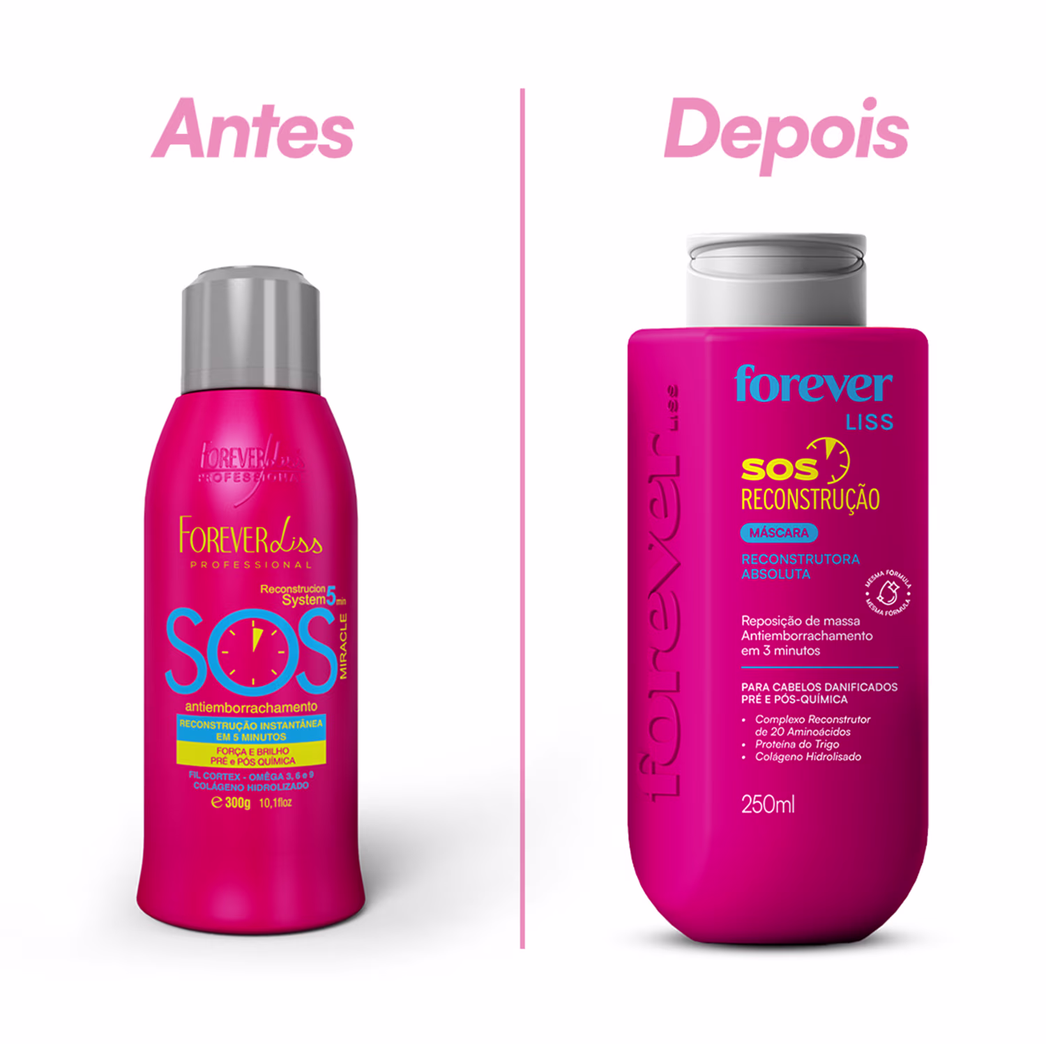 O produto de beleza é um sistema de reconstrução capilar da marca Forever Liss, com embalagens em tons de rosa. O frasco antes apresenta o texto "Antes" e o frasco depois exibe o texto "Depois", indicando o efeito do produto.