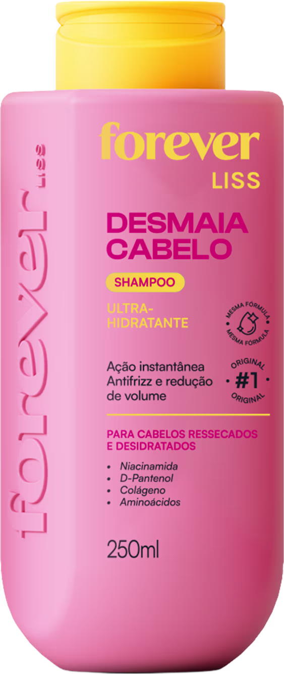 Frasco rosa de 250ml do shampoo ultra-hidratante Desmaia Cabelo da linha Forever Liss, com rótulo destacando ação antifrizz e redução de volume.