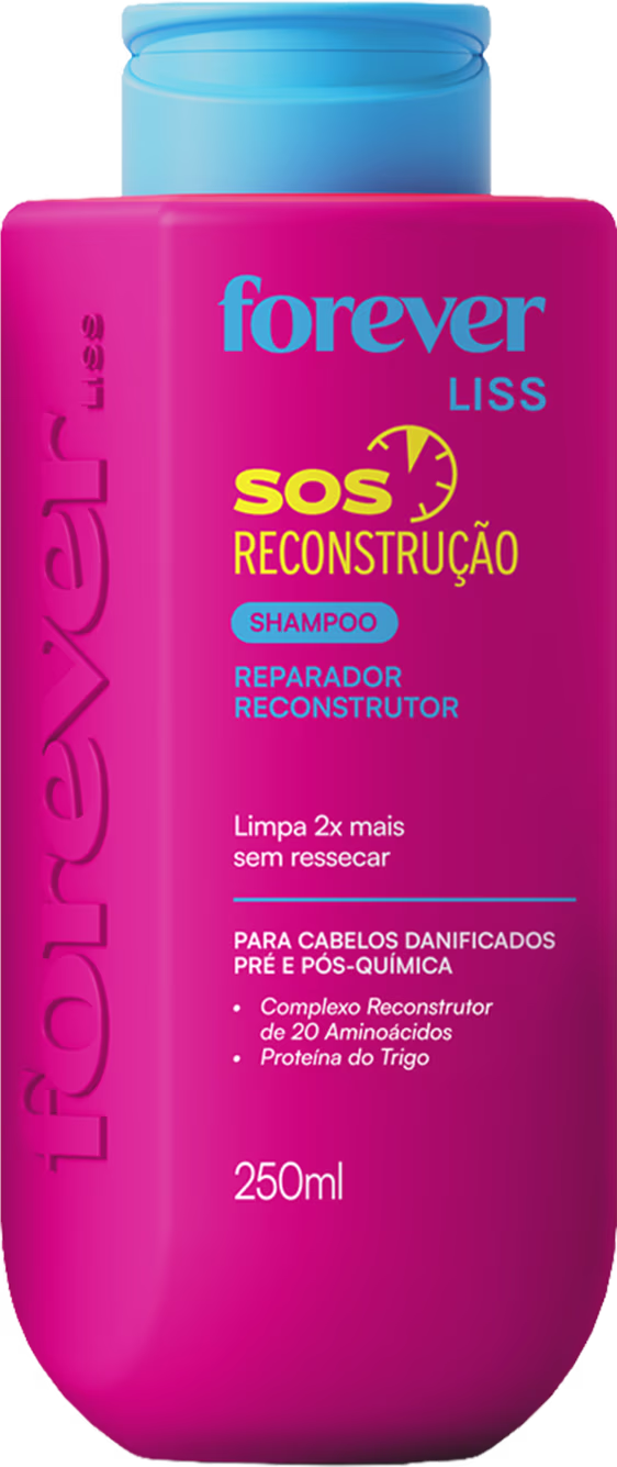 Frasco rosa de 250ml do shampoo reparador reconstrutor SOS da linha Forever Liss, com tampa azul e rótulo destacando os benefícios do produto para cabelos danificados.