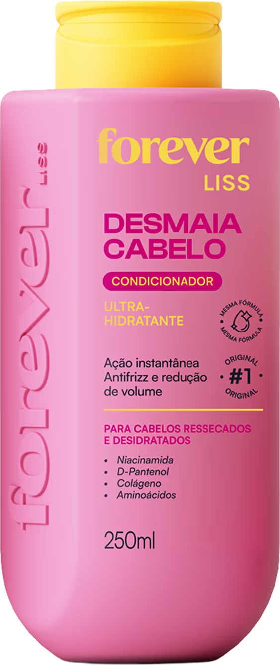 Frasco rosa com rótulo "Forever Liss Desmaia Cabelo Condicionador" em amarelo, contendo 250ml de produto para cabelos ressecados e desidratados, com ingredientes como niacinamida, D-pantenol e colágeno.