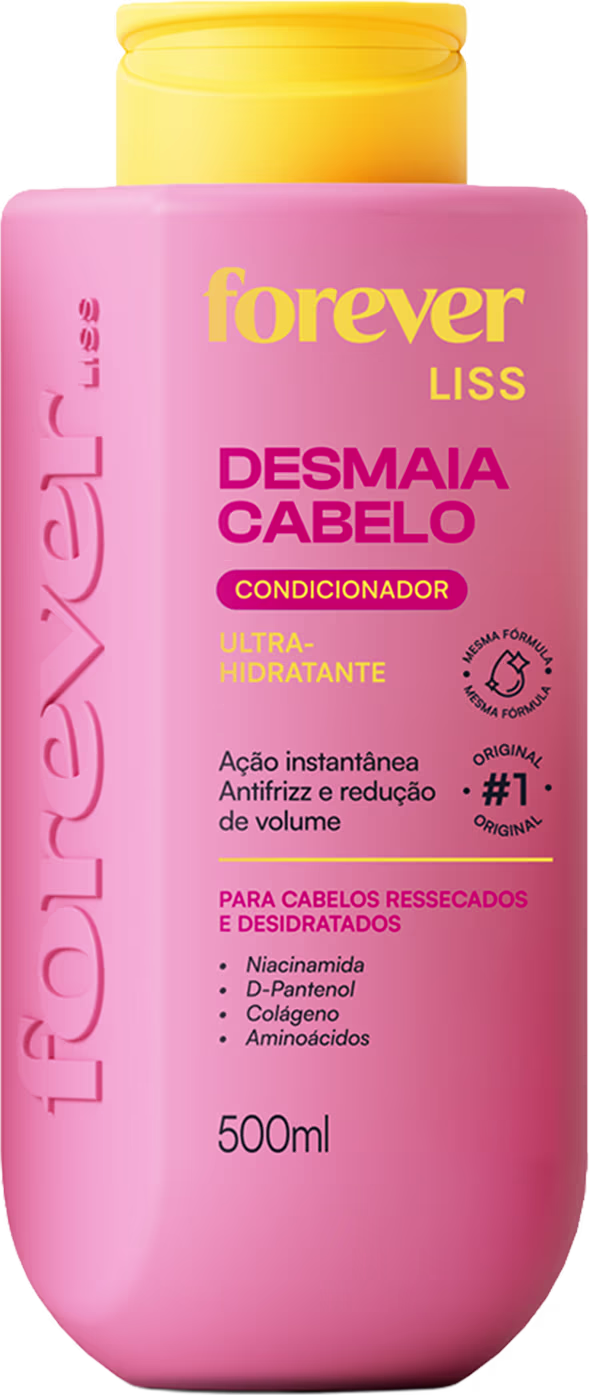 Frasco rosa com rótulo amarelo da linha Forever Liss, contendo 500ml de condicionador para cabelos ressecados e desidratados, com fórmula ultra-hidratante e ação instantânea para redução de volume.