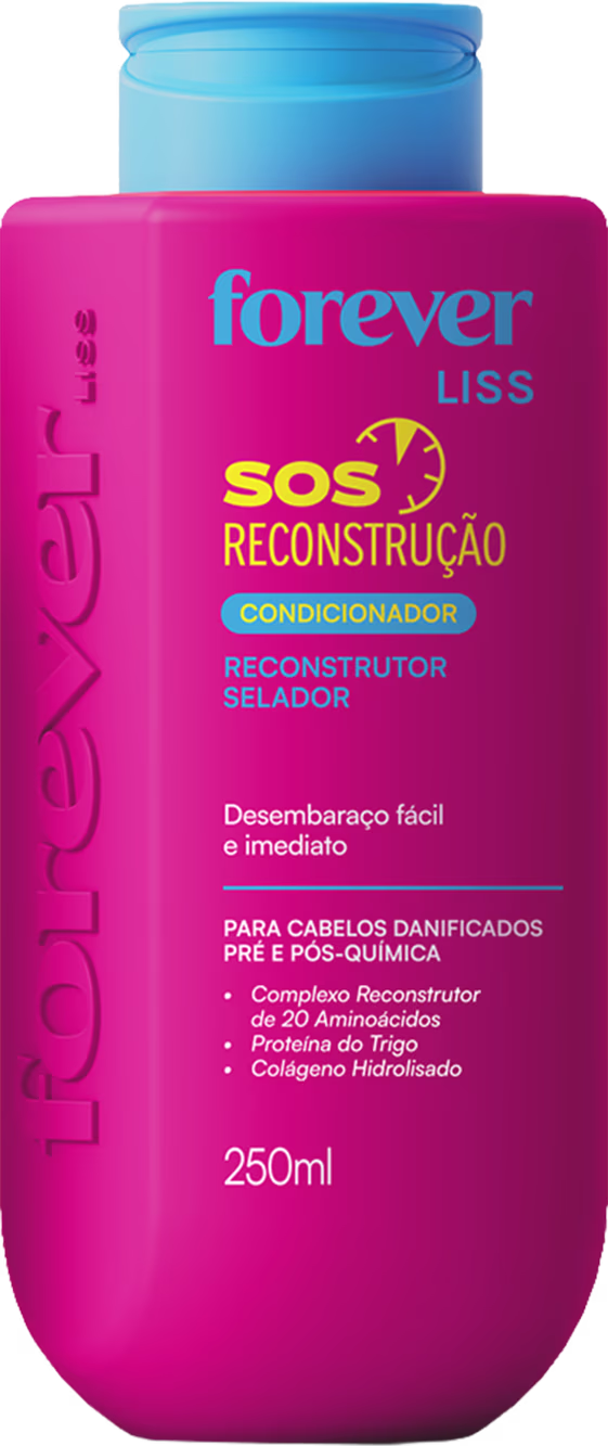 Frasco rosa de 250ml da linha Forever Liss, com rótulo destacando o produto como "SOS Reconstrução", um condicionador reconstrutor selador para cabelos danificados.