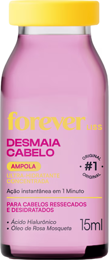 Frasco de 15ml da ampola Desmaia Cabelo da marca Forever Liss, com fórmula para cabelos ressecados e desidratados, contendo ácido hialurônico e óleo de rosa mosqueta, com tampa amarela e rótulo rosa.