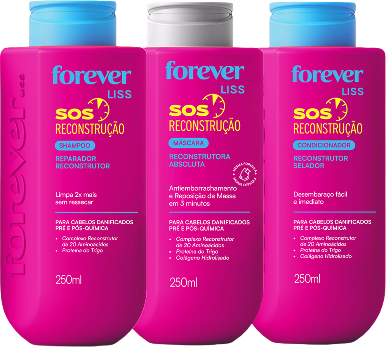 Três frascos de produtos de beleza da marca Forever Liss, em embalagens rosa com detalhes azuis, contendo shampoo, máscara e condicionador reconstrutor para cabelos danificados.