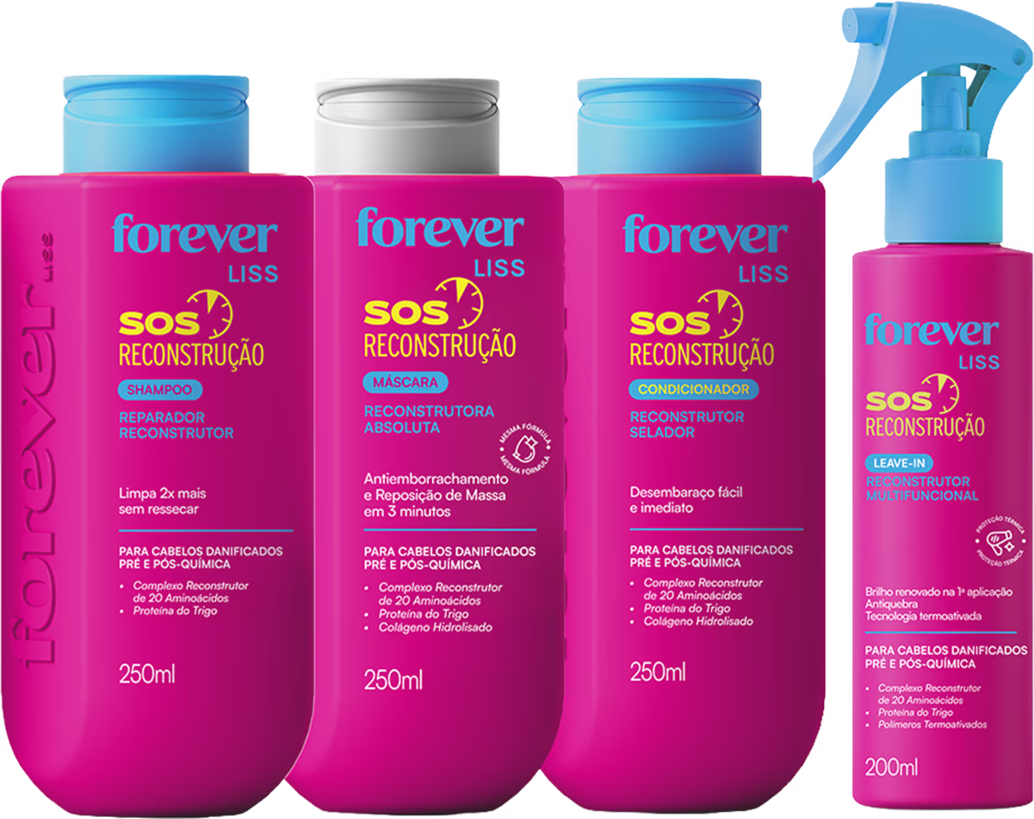 Conjunto de produtos de beleza da linha Forever Liss SOS Reconstrução, incluindo shampoo, máscara e condicionador em embalagens rosa e azul, além de um leave-in reconstrutor em embalagem rosa.