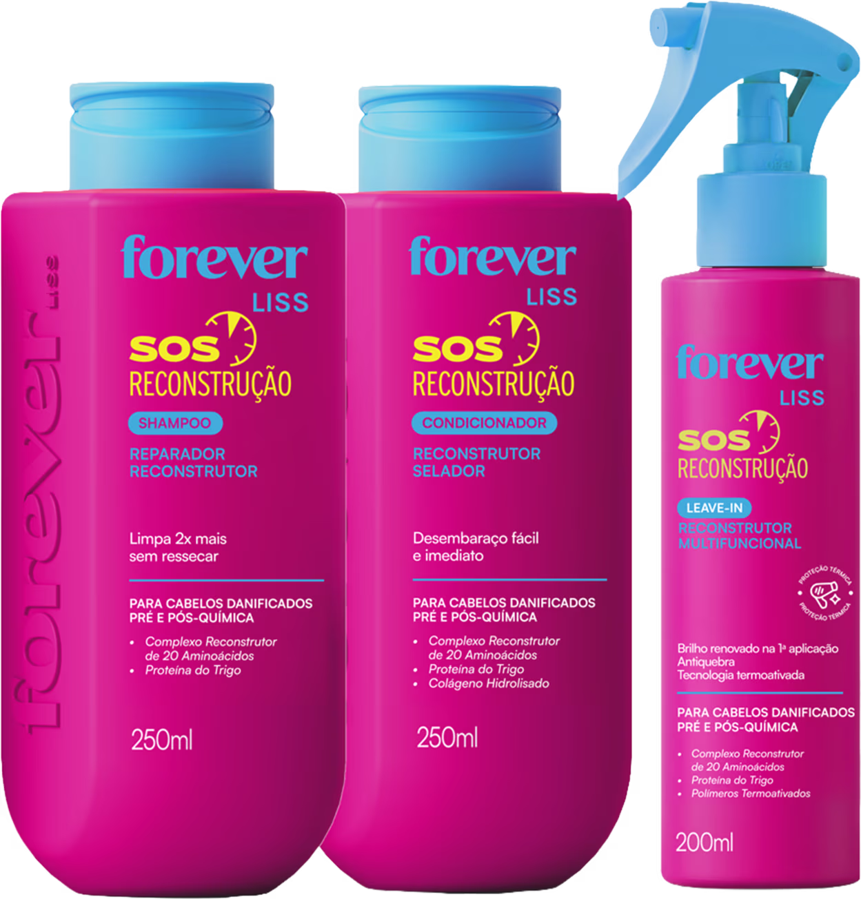 Conjunto de produtos de reconstrução capilar da linha Forever Liss, composto por shampoo, condicionador e leave-in em embalagens rosa e azul, com informações sobre os ingredientes e benefícios.