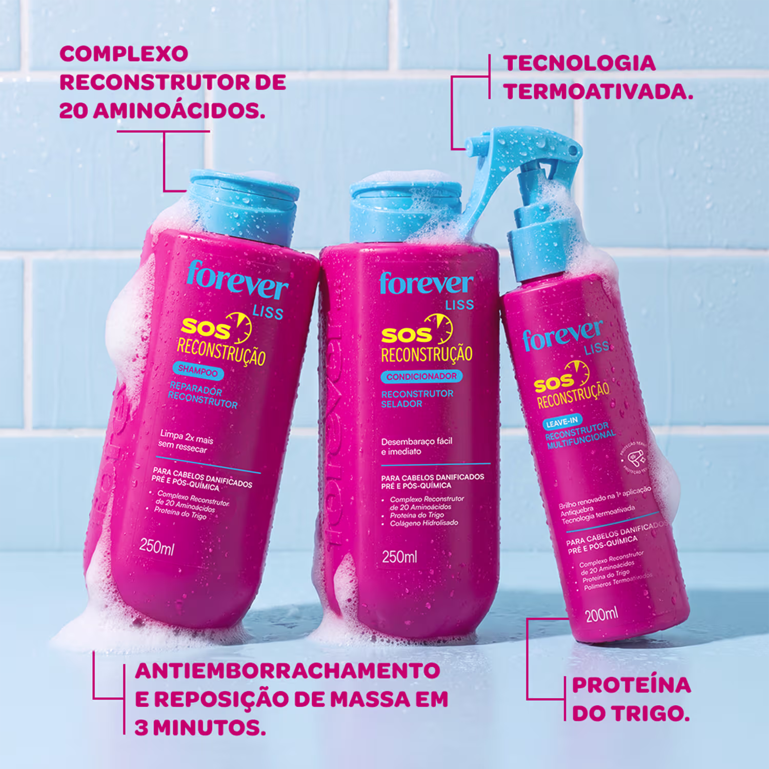 Conjunto de produtos de reconstrução capilar da linha Forever Liss, composto por shampoo, condicionador e leave-in em embalagens rosa e azul, com informações sobre os ingredientes e benefícios.
