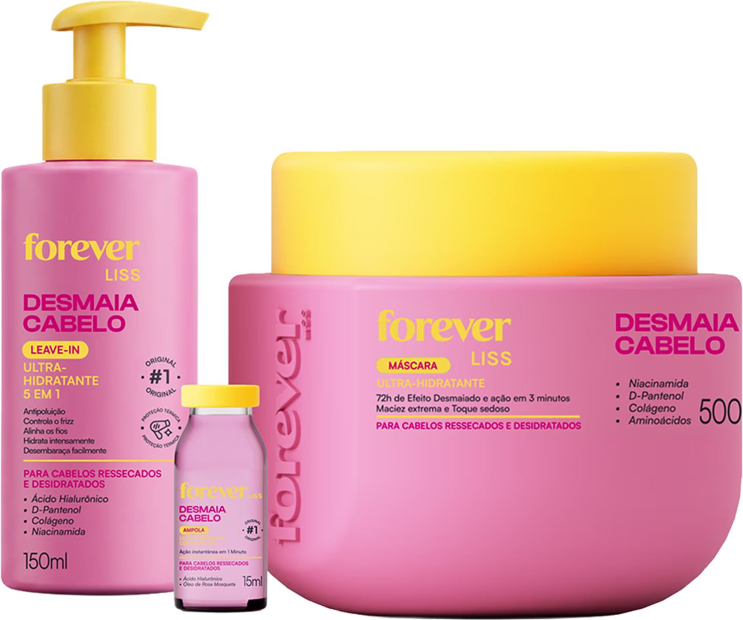Produtos de beleza da marca Forever Liss, incluindo um frasco de leave-in hidratante, um pote de máscara hidratante e uma ampola de tratamento capilar, todos em cores rosa e amarela.