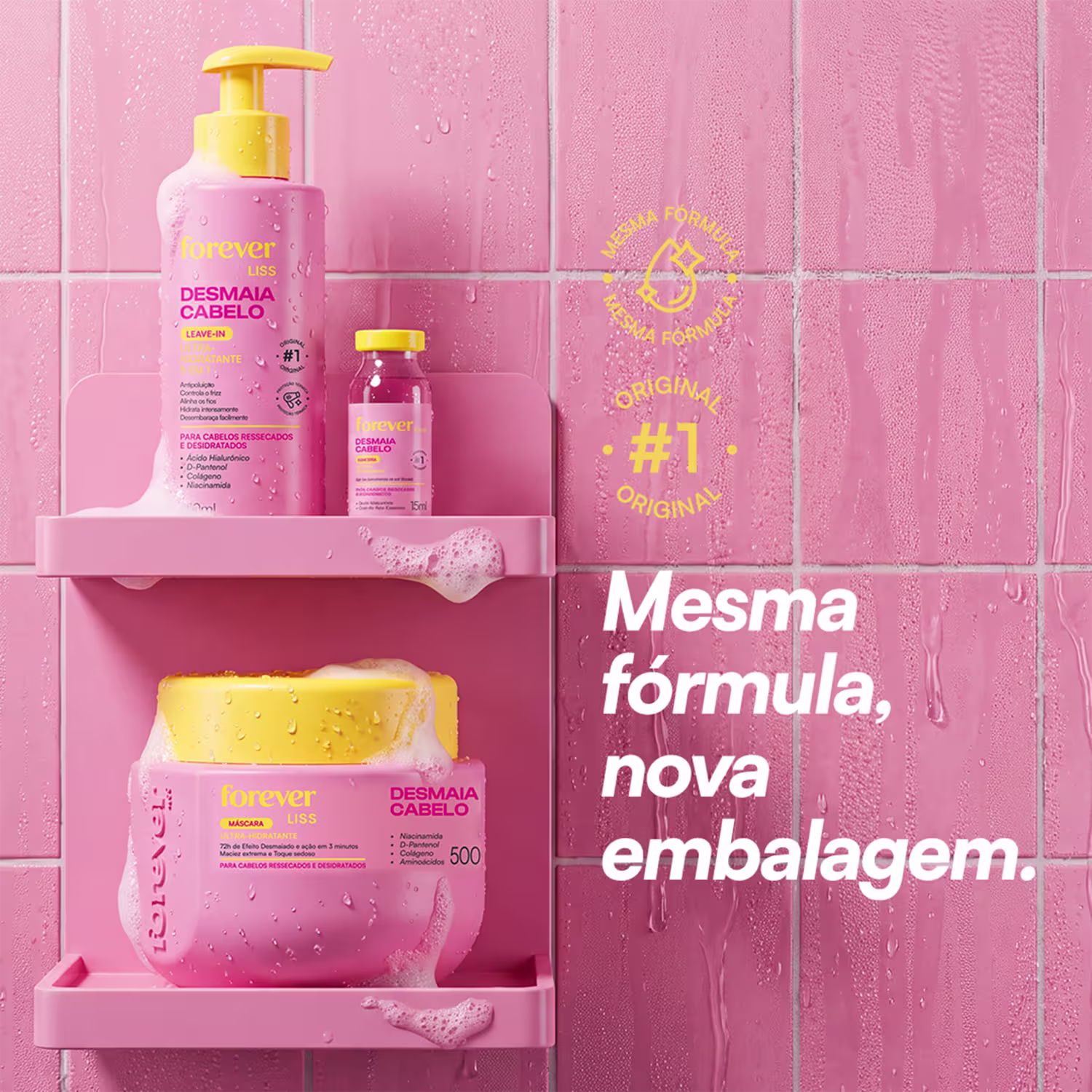 Produtos de beleza da marca Forever Liss, incluindo um frasco de leave-in hidratante, um pote de máscara hidratante e uma ampola de tratamento capilar, todos em cores rosa e amarela.