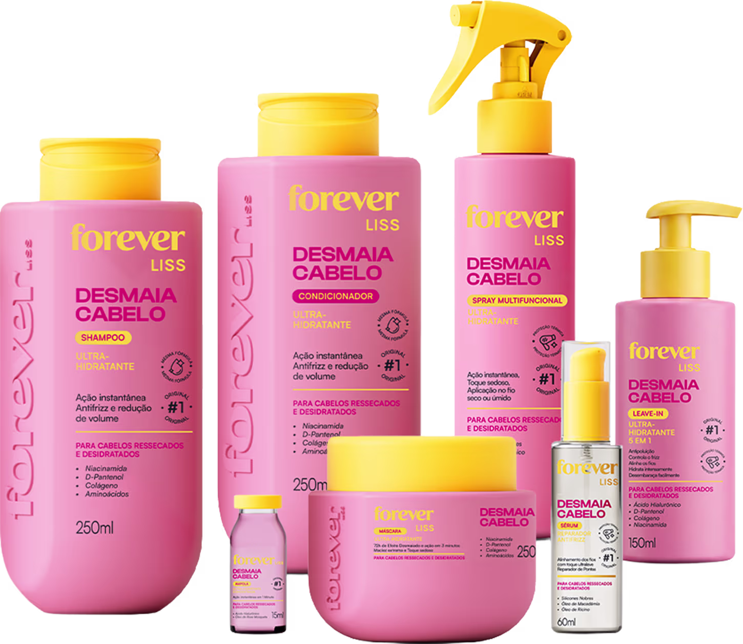 Produtos de beleza da linha Forever Liss, incluindo shampoo, condicionador, spray, sérum e leave-in, em embalagens rosa e amarelas com rótulos indicando os benefícios para cabelos ressecados e desidratados.