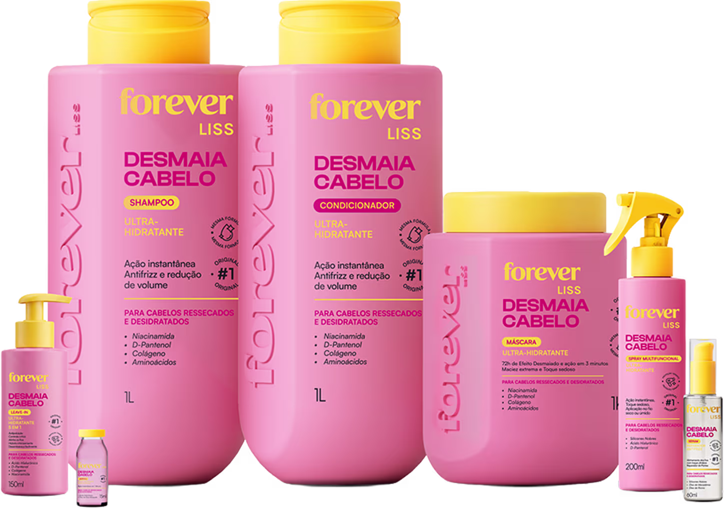 Conjunto de produtos de beleza da marca Forever Liss, incluindo shampoo, condicionador, máscara e spray para cabelos ressecados e desidratados, em embalagens rosa e amarela com rótulos indicando os benefícios do tratamento.