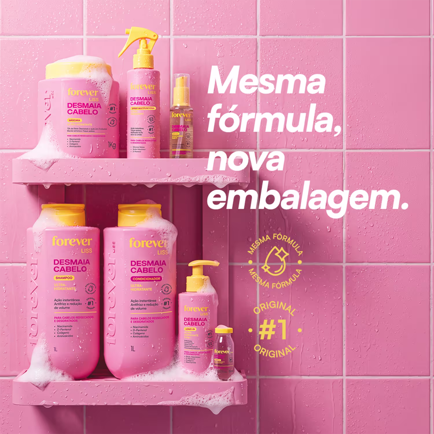 Conjunto de produtos de beleza da marca Forever Liss, incluindo shampoo, condicionador, máscara e spray para cabelos ressecados e desidratados, em embalagens rosa e amarela com rótulos indicando os benefícios do tratamento.