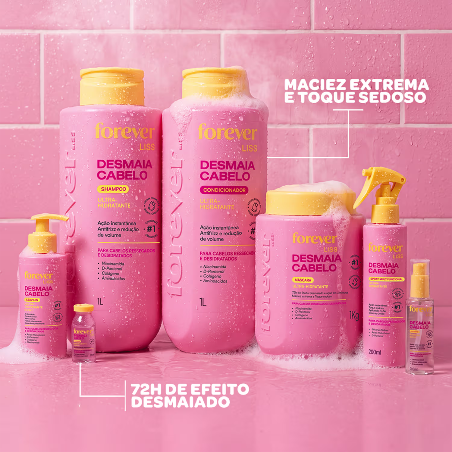 Conjunto de produtos de beleza da marca Forever Liss, incluindo shampoo, condicionador, máscara e spray para cabelos ressecados e desidratados, em embalagens rosa e amarela com rótulos indicando os benefícios do tratamento.