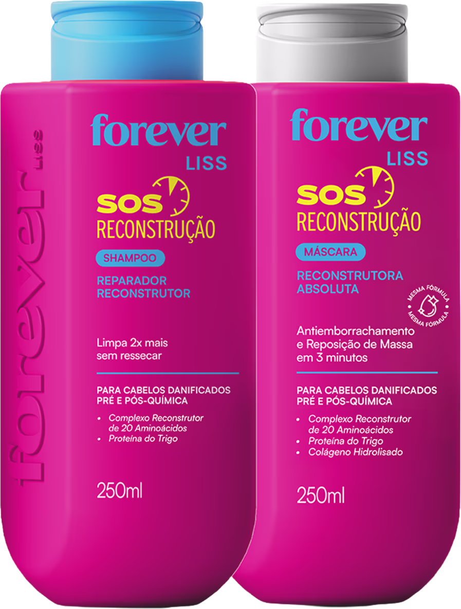Dois frascos de produtos de beleza da marca Forever Liss, em embalagens rosa e azul, com rótulos indicando "SOS Reconstrução" - um shampoo reparador e uma máscara reconstrutora para cabelos danificados.