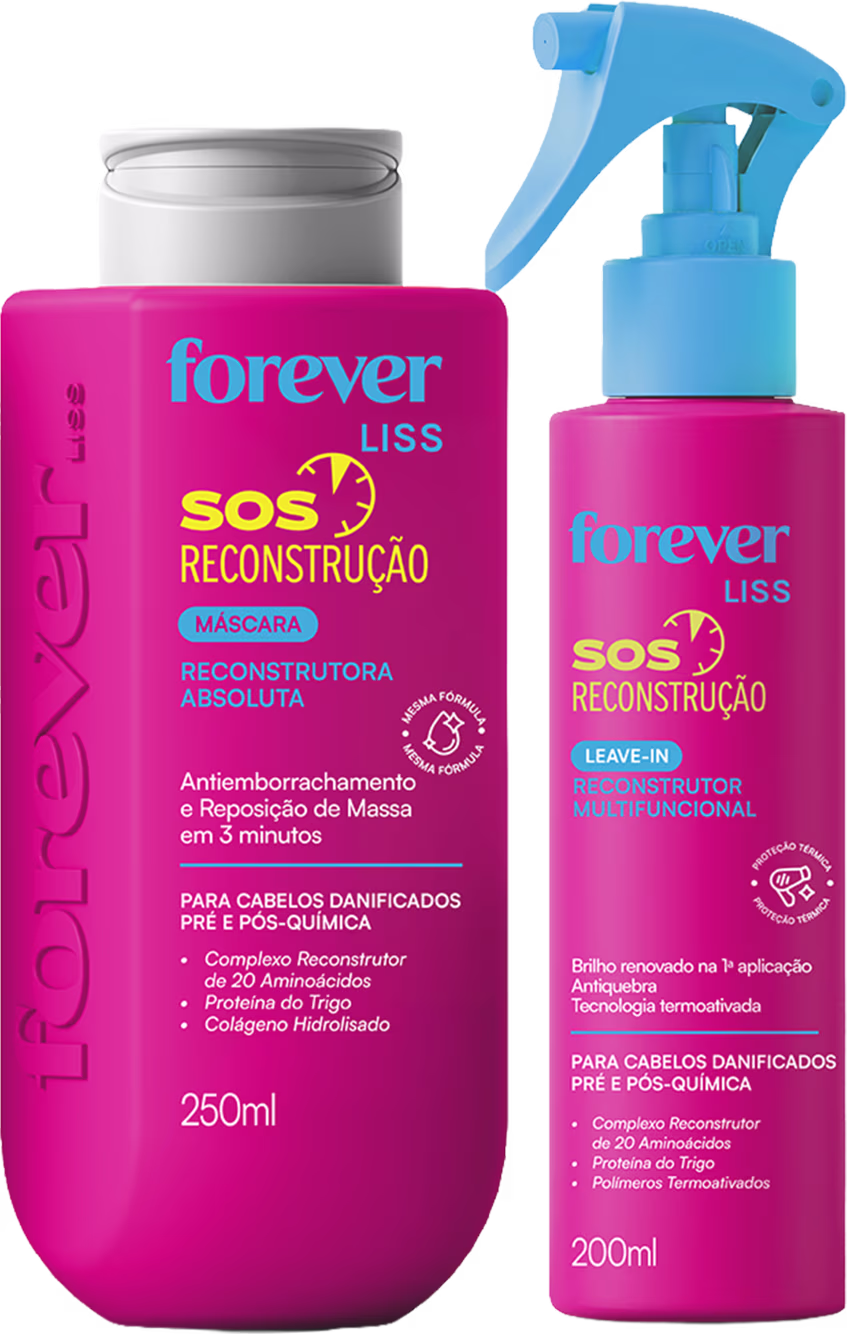 Dois produtos da linha Forever Liss: uma máscara reconstrutora de cabelos em embalagem rosa e um leave-in reconstrutor em embalagem rosa e azul, ambos com rótulos indicando a função "SOS Reconstrução".