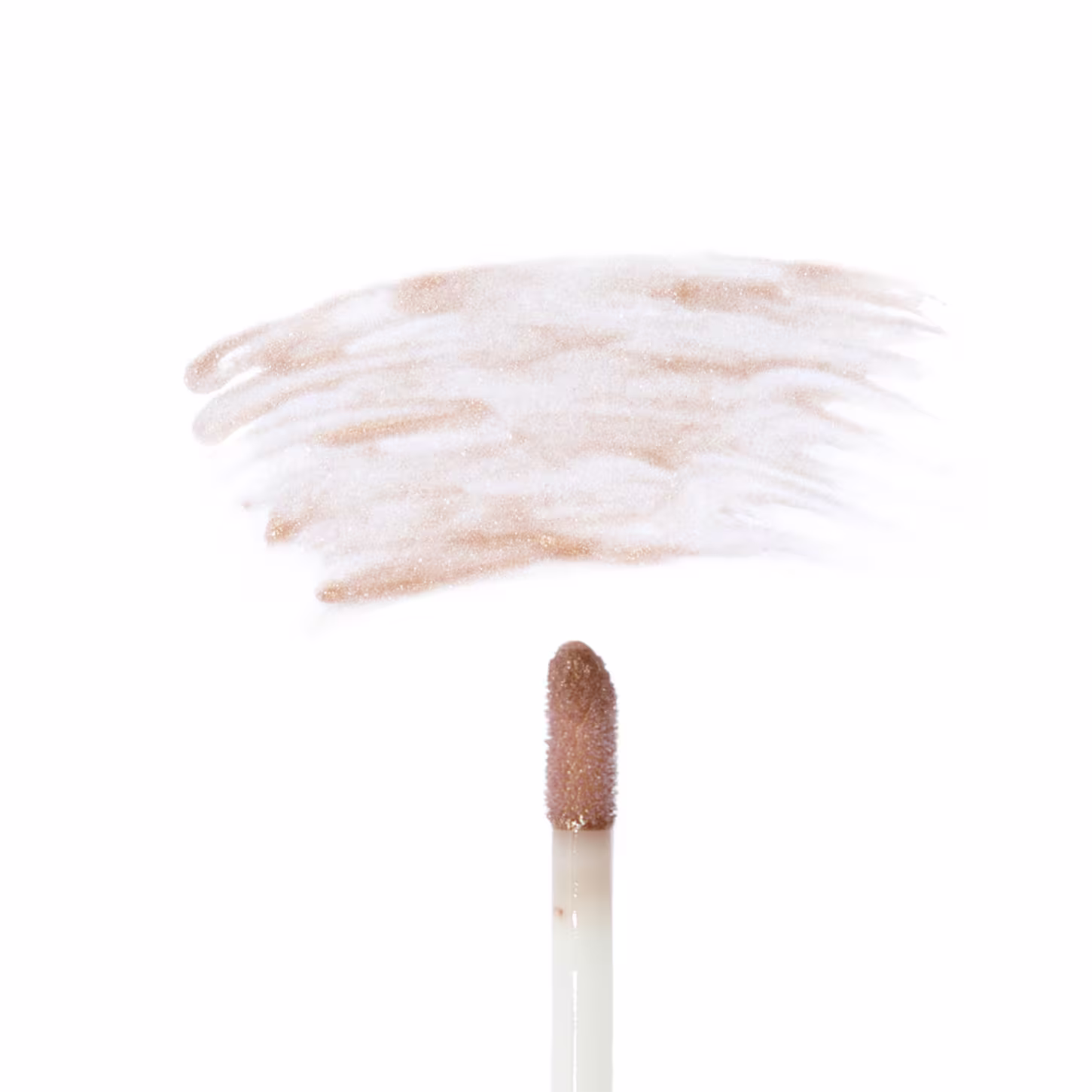 Amostra da cor do gloss. Trata-se de uma cor levemente transparente, com glitter. Abaixo, há um pedaço do aplicador do gloss.