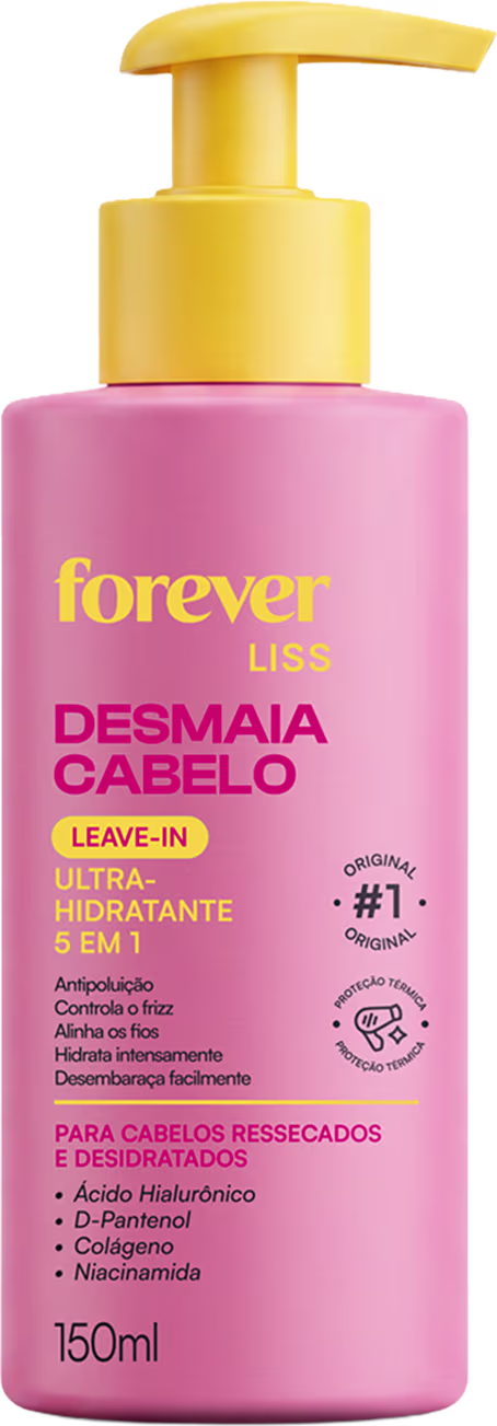 Frasco rosa com bomba doseadora amarela da linha Forever Liss, contendo leave-in ultra-hidratante 5 em 1 para cabelos ressecados e desidratados.