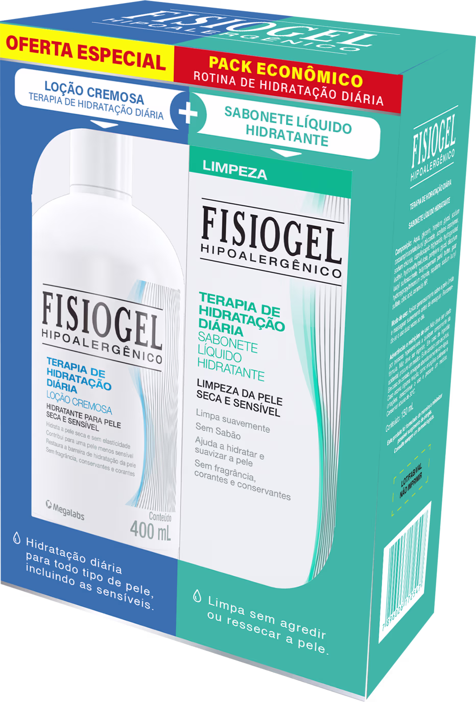 Kit com loção hidratante e sabonete líquido Fisiogel da linha Terapia de Hidratação Diária.