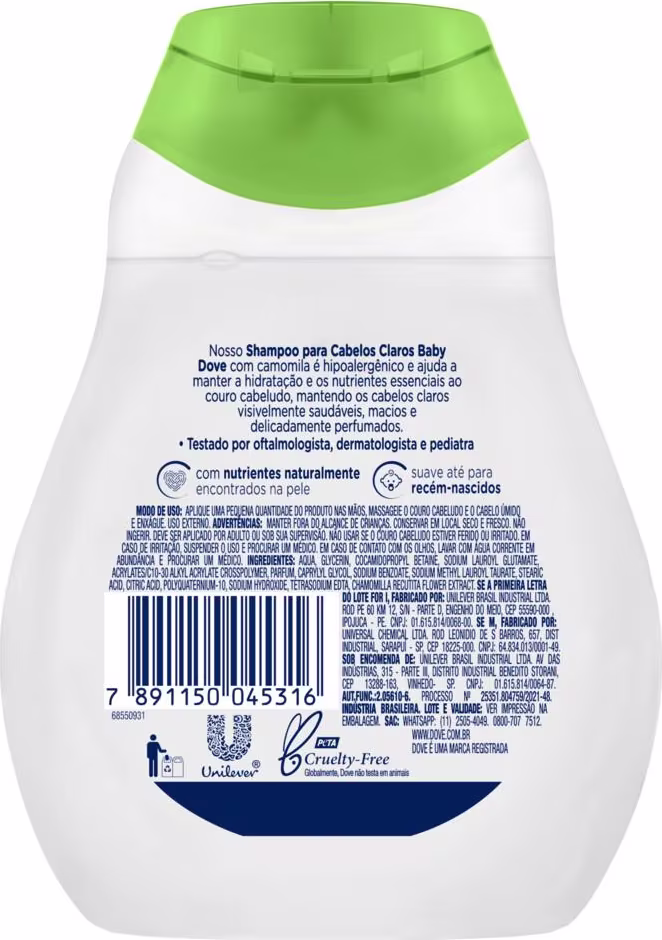 Frasco branco e verde de shampoo para cabelos claros da marca Dove, com rótulo indicando ingredientes naturais e que é testado por oftalmologista, dermatologista e pediatra.