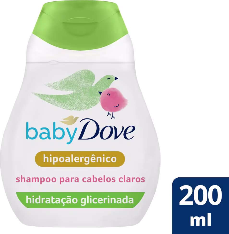 Frasco de shampoo Baby Dove hipoalergênico para cabelos claros, com 200 ml de volume. A embalagem é branca com detalhes verdes e apresenta ilustrações de pássaros. O rótulo destaca a hidratação glicerinada do produto.