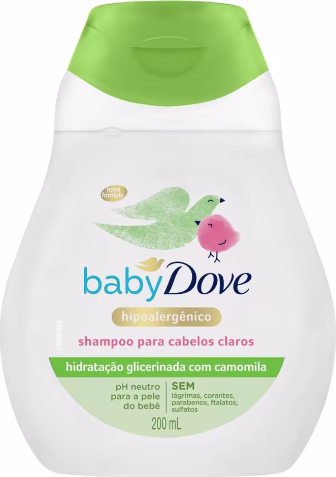 Frasco branco de shampoo Baby Dove com tampa verde, rótulo com ilustração de pássaro e texto em português indicando hidratação com camomila, sem parabenos, corantes e sulfatos.