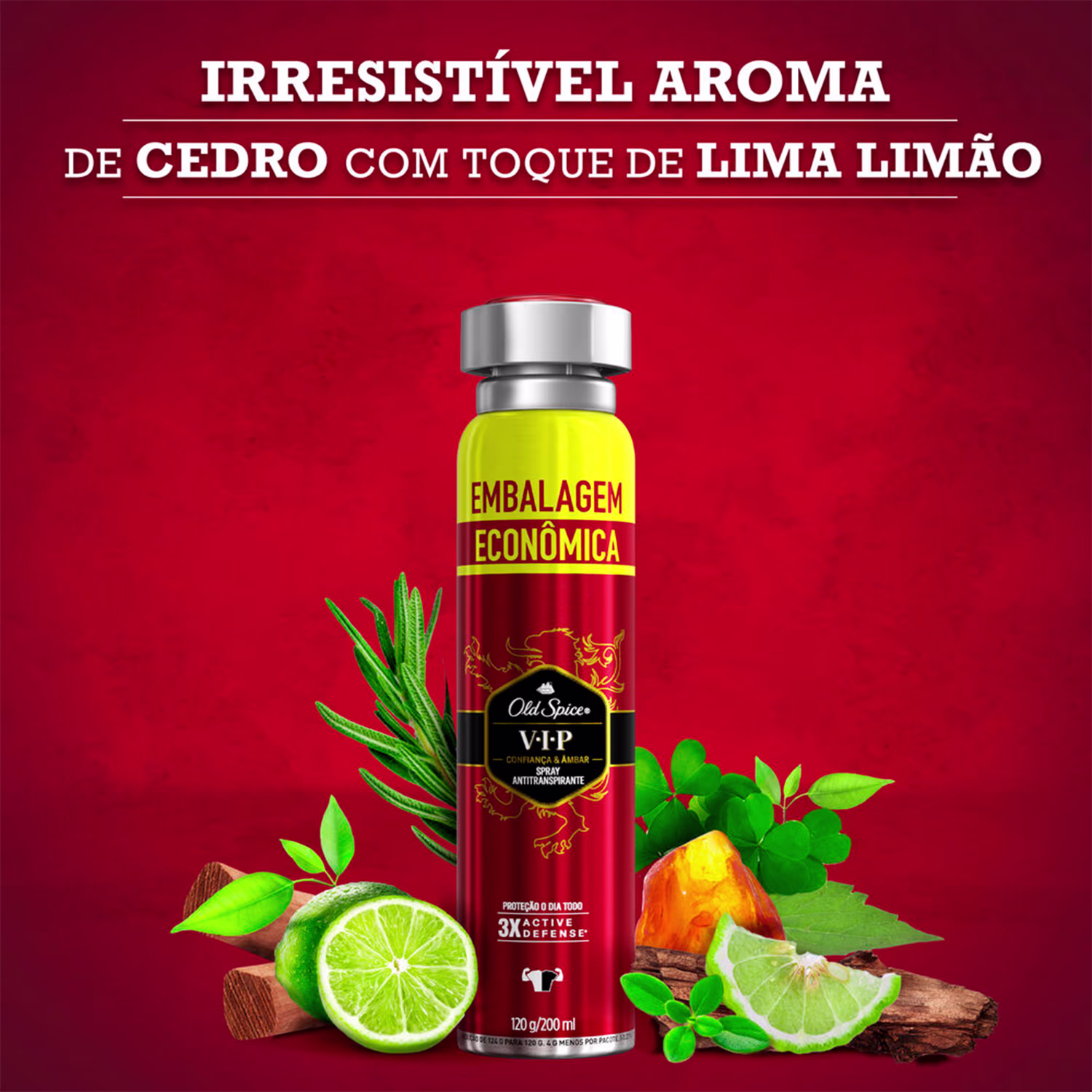 Imagem do desodorante Old Spice VIP acompanhado de ilustrações de folhas verdes, limão cortado ao meio e pedaços de madeira. Texto principal destaca "Irresistível Aroma de Cedro com Toque de Lima Limão".