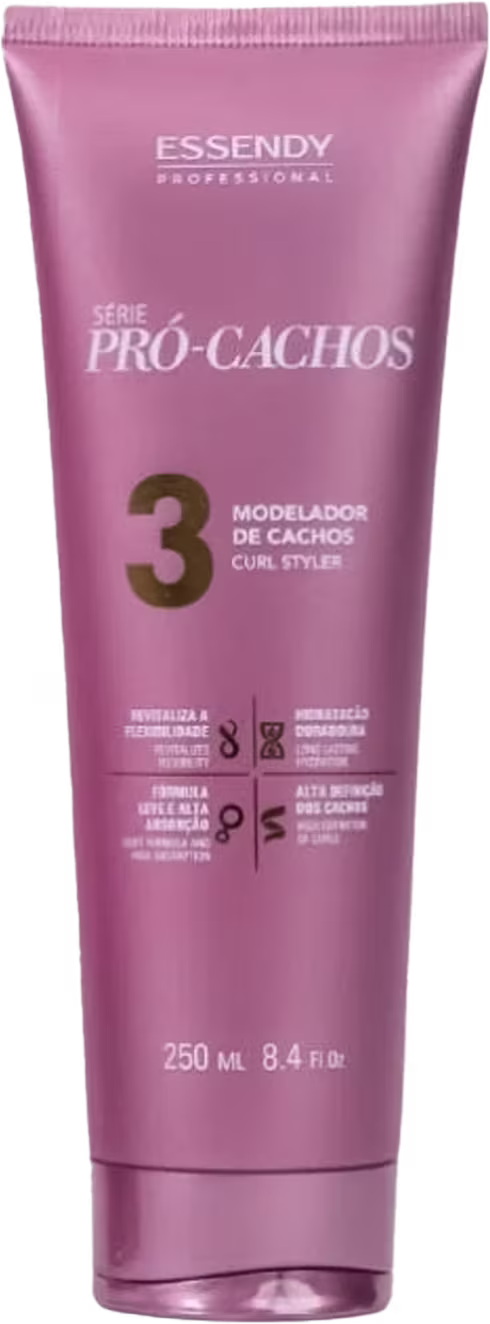 Modelador de cachos da série Pro-Cachos da marca Essendy Professional. A embalagem é um tubo rosa com o nome da série e o número 3, indicando que se trata do modelador de cachos.