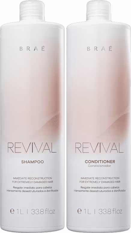 São dois frascos de plástico contendo produtos para cabelos da marca Brae. Um frasco é para shampoo e o outro para condicionador, ambos com a inscrição "Revival" e descritos como sendo para reconstrução imediata de cabelos extremamente danificados.