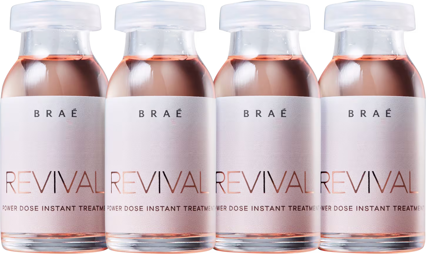 São quatro frascos pequenos de vidro transparente contendo um líquido rosa claro. Os frascos têm tampas brancas e estão rotulados com o nome "BRAÉ Revival Power Dose Instant Treatment".