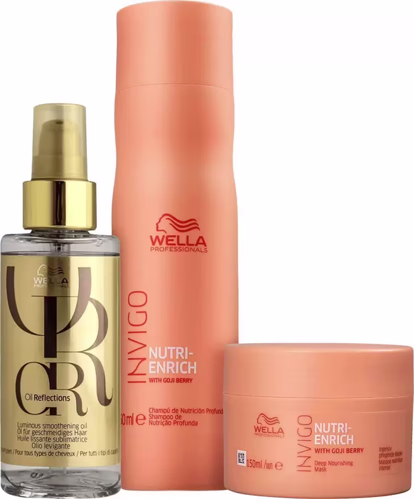 Três produtos de cuidados capilares da linha Wella Professionals. O primeiro é um frasco dourado de óleo capilar da linha Oil Reflections. O segundo é um shampoo da linha Nutri-Enrich, em uma embalagem de 250ml. O terceiro é uma máscara capilar de 150ml.