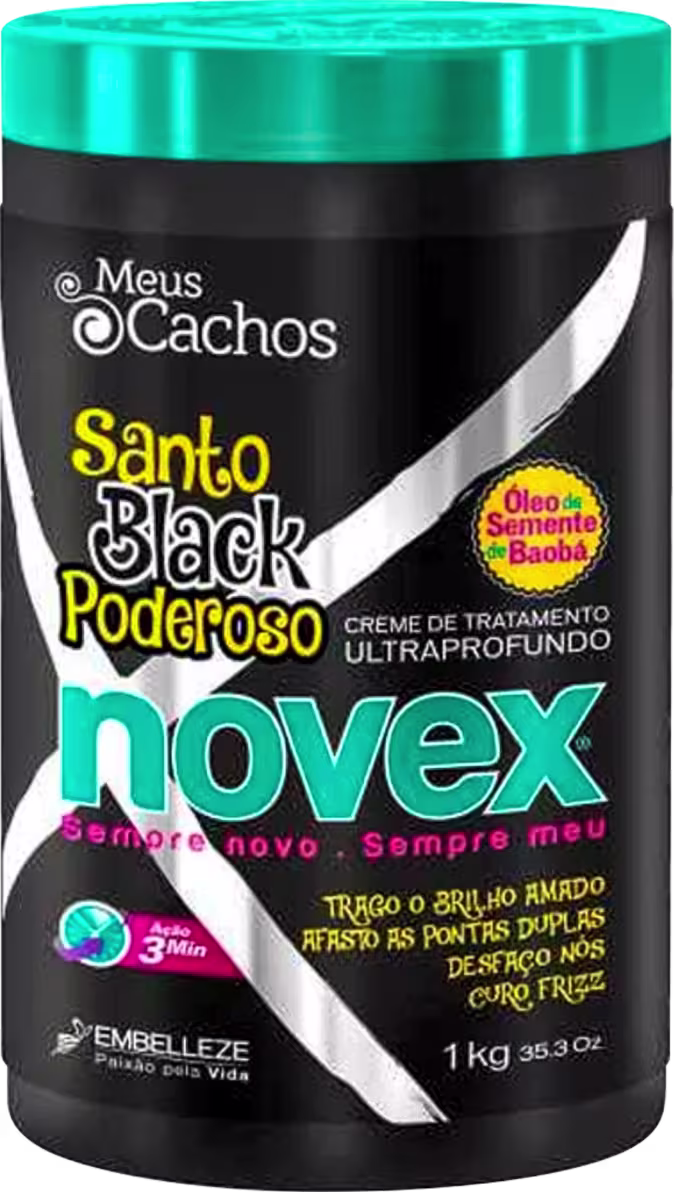 A imagem mostra o Creme de Tratamento Novex Santo Black Poderoso 1kg, da marca Embelleze. O frasco é preto com detalhes em verde, amarelo, rosa e branco. Contém informações sobre suas propriedades e benefícios, incluindo "Óleo de Semente de Baobá".