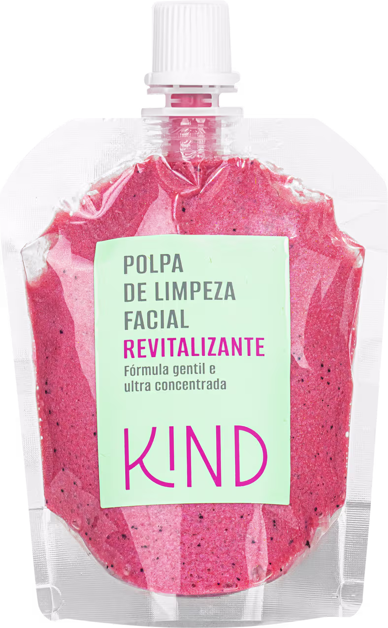 A imagem mostra um frasco transparente, com tampa branca de rosquear, contendo uma polpa de cor rosa avermelhada. O rótulo do produto indica o tipo de produto, e marca em evidência.