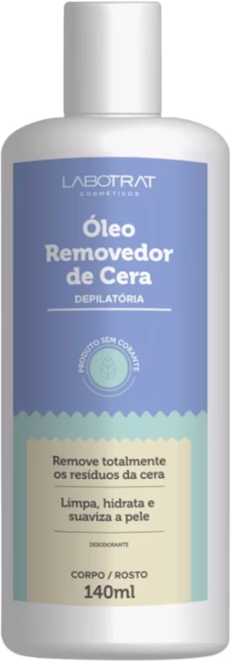 O produto apresentado é um óleo removedor de cera da marca Labotrat. A embalagem é um frasco branco com rótulo azul e amarelo, contendo 140ml do produto.