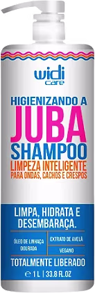 Embalagem plástica branca com bomba dosadora. Rótulo com texto destacando "Limpeza Inteligente para Ondas, Cachos e Crespos". Cores predominantes são branco, rosa, azul e detalhes em laranja.