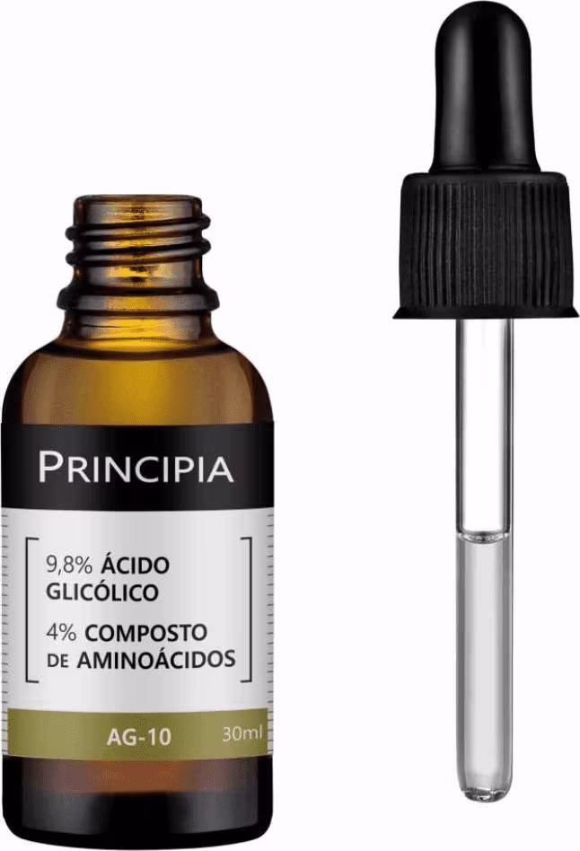 O produto é um ácido glicólico da marca Principia. Consiste em um frasco âmbar de vidro de 30ml com tampa preta, contendo uma solução líquida. Acompanha um aplicador plástico preto com um bastão para aplicação do produto.