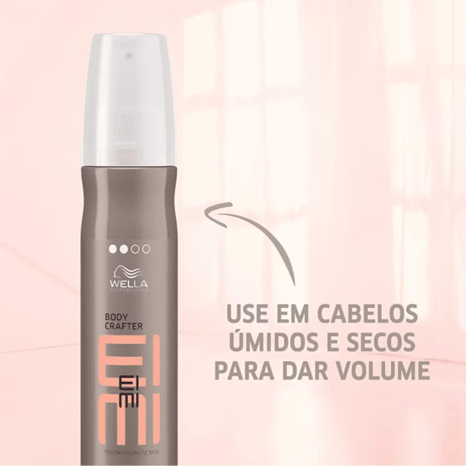 A imagem mostra o frasco do Body Crafter e ao lado texto destaca: use em cabelos úmidos e secos para dar volume.
