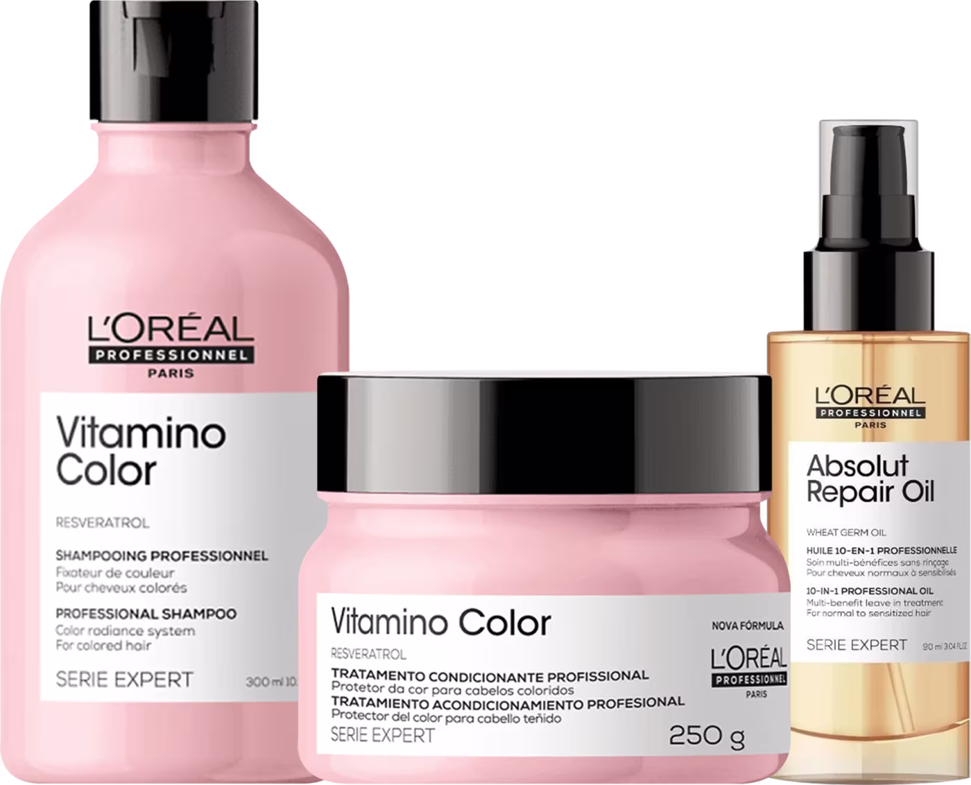 Kit L'Oréal Professionel Vitamino Color Resveratrol + Absolut Repair Oil Tripla Ação, 3 produtos.