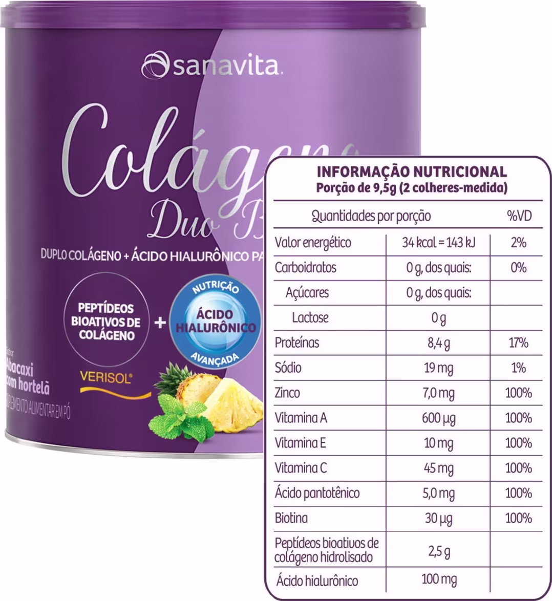 Lata roxa da marca Sanavita contendo suplemento alimentar Colágeno Duo, com informações nutricionais e ingredientes como peptídeos bioativos de colágeno e ácido hialurônico.