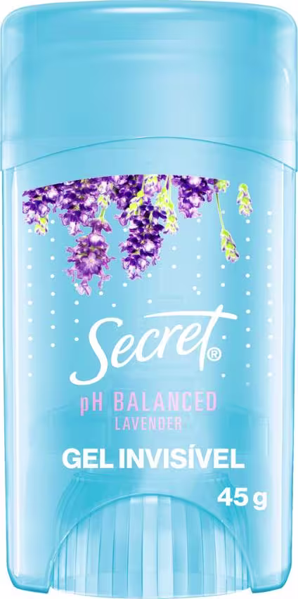 Gel desodorante invisível da marca Secret, com fragrância de lavanda, embalado em frasco azul claro com detalhes florais roxos e texto branco.
