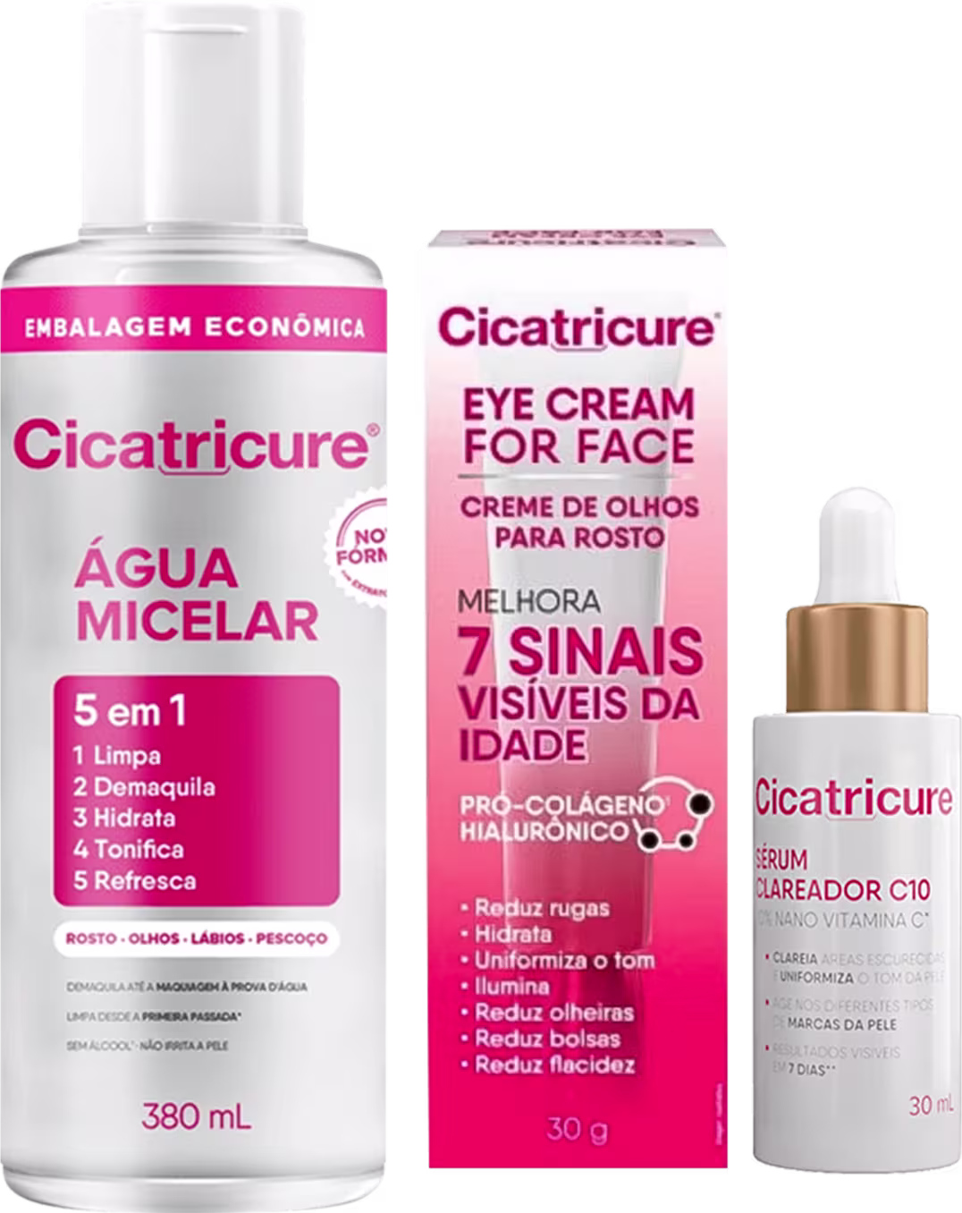 Cicatricure: água micelar 5 em 1 de 380 ml, creme para área dos olhos de 30 g e sérum clareador C10 de 30 ml, em embalagens brancas e rosas com informações sobre os benefícios dos produtos.