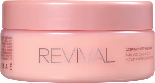 Máscara capilar profunda de tratamento Revival da marca Braé. Embalagem em pote plástico rosa claro com tampa da mesma cor. Rótulo na parte frontal com o nome do produto "Revival" em letras cinza.