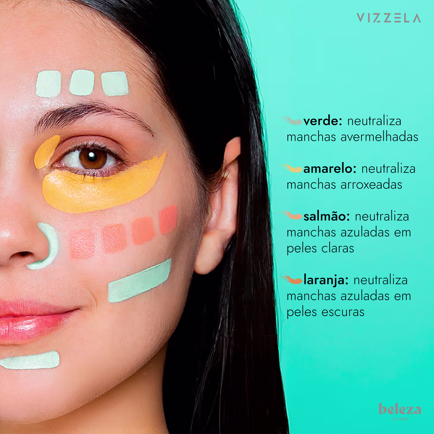verde: neutraliza manchas avermelhadas
amarelo: neutraliza manchas arroxeadas
salmão: neutraliza manchas azuladas em peles claras
laranja: neutraliza manchas azuladas em peles escuras