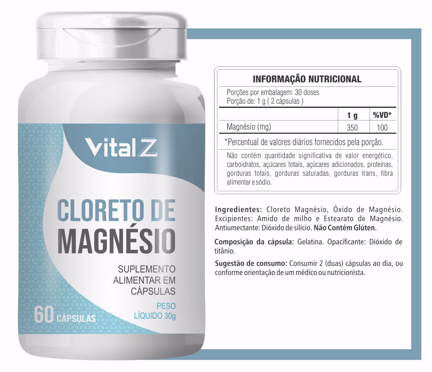 Cloreto de Magnésio - Suplemento alimentar em cápsulas. 60 cápsulas. Peso líquido 30g. Magnésio 350mg (100% VD*). Não contém glúten.