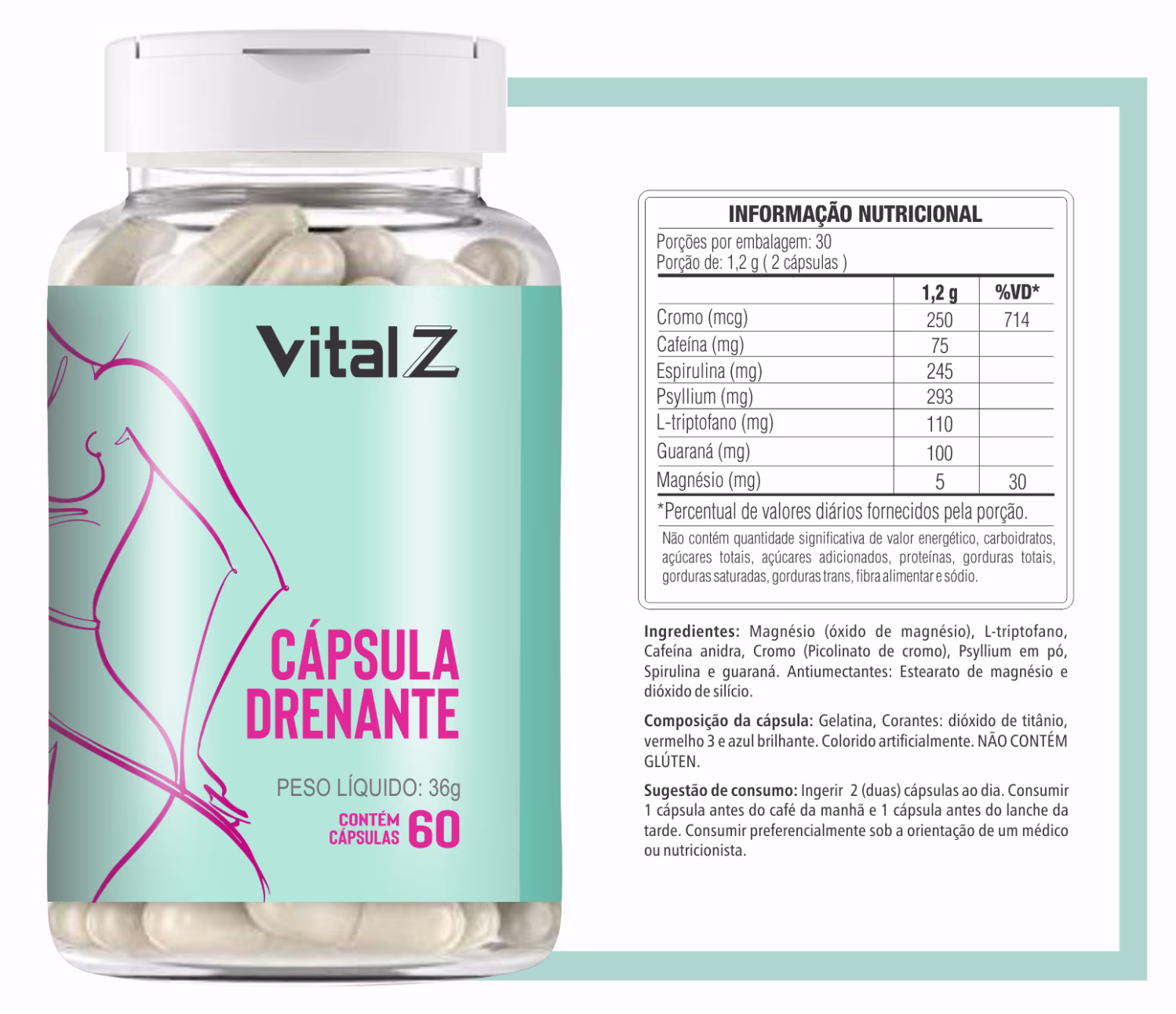Cápsula drenante da marca Vital Z, em embalagem de plástico branco com detalhes em verde, contendo 60 cápsulas com informações nutricionais detalhadas.