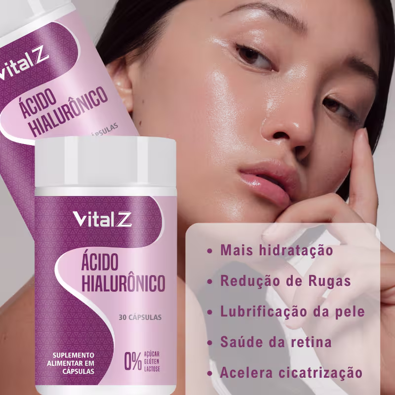 Ácido hialurônico - Mais hidratação, Redução de Rugas, Lubrificação da pele, Saúde da retina, Acelera cicatrização - 30 cápsulas, 0% açúcar, glúten e lactose.