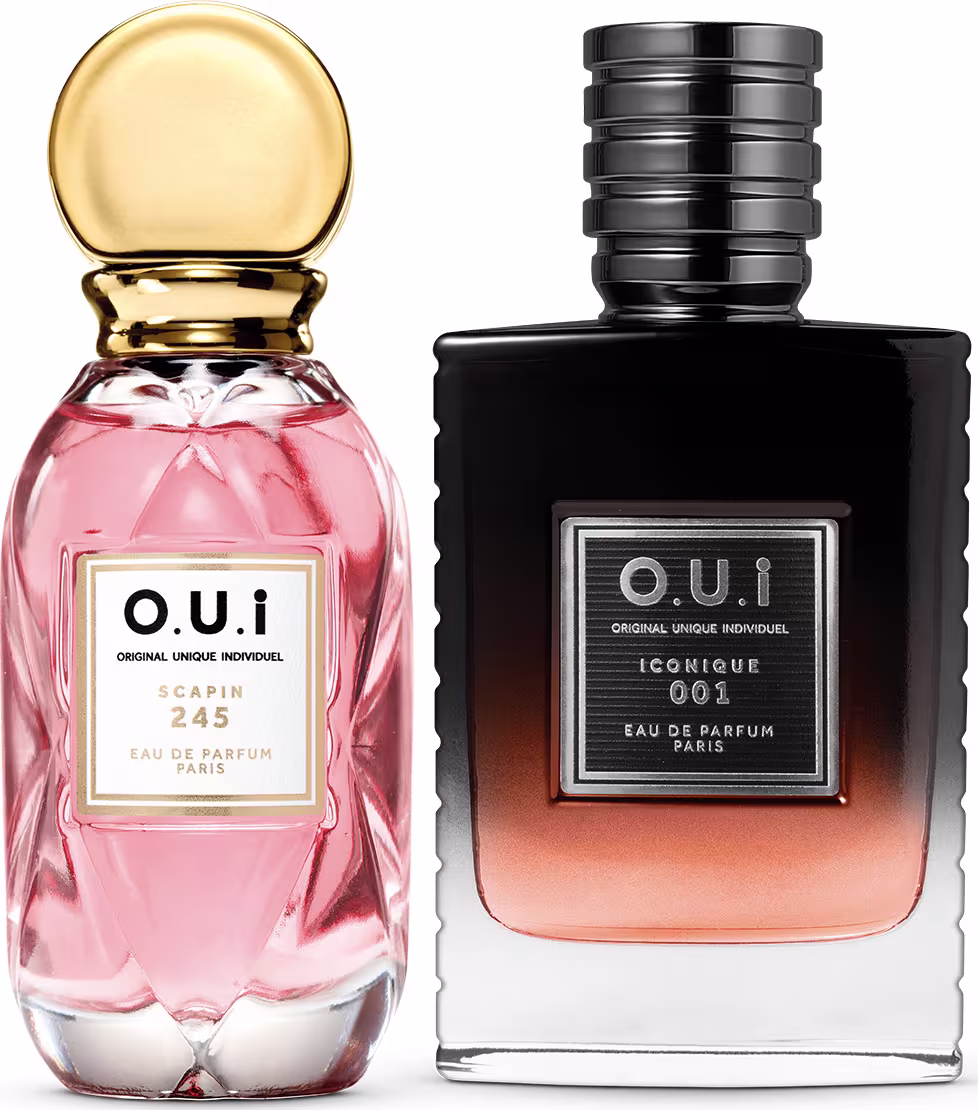 Dois frascos de perfume da marca O.U.i. O frasco rosa apresenta o nome "Scapin 245" e o frasco preto apresenta o nome "Iconique 001", ambos com embalagens elegantes e detalhes dourados.