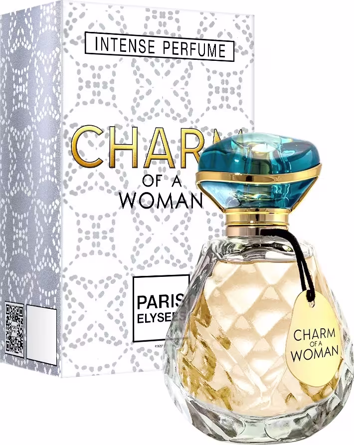 Frasco de perfume "Charm of a Woman" da Paris Elysees, com embalagem decorada em tons de cinza e dourado, contendo um líquido dourado em seu interior.