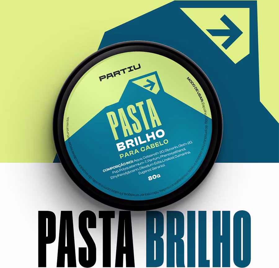 Pasta brilho para cabelo da marca Partiu. Embalagem redonda preta com rótulo amarelo e azul. O rótulo destaca "PASTA BRILHO PARA CABELO" em letras grandes e lista os ingredientes da composição. Peso de 80g indicado na embalagem.