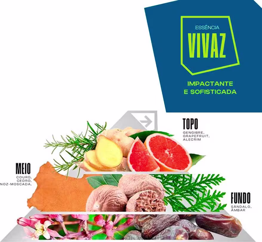A imagem apresenta uma pirâmide ilustrativa com diferentes níveis, cada um representando uma essência aromática distinta. No topo, há frutas cítricas como toranja e grapefruit. No meio, nozes moscadas e cedro. Na base, sândalo e âmbar.